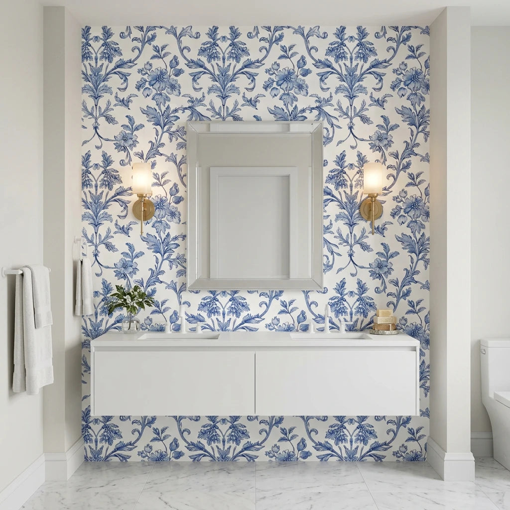 Porcelain Garden elegant blue chinoiserie floral wallpaper creating ambiance in a serene bathroom