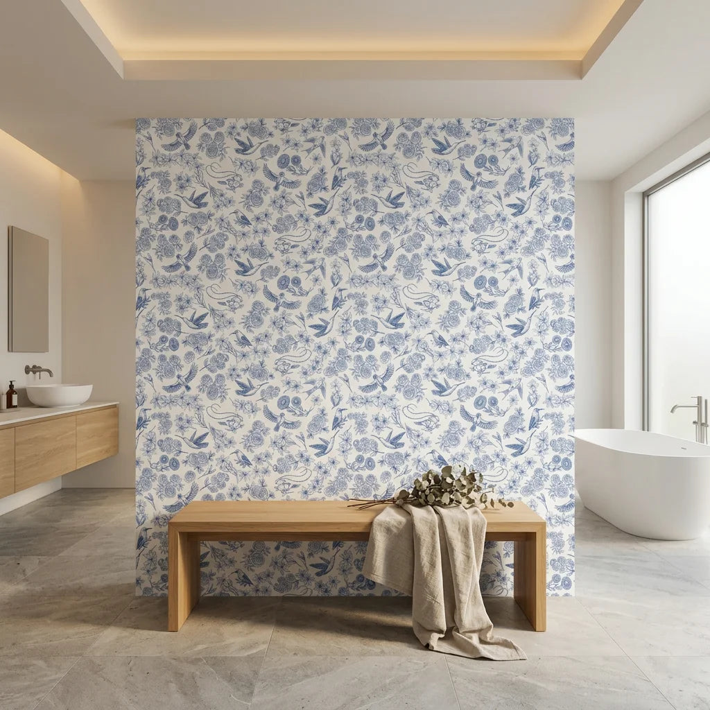Porcelain Garden blue and white hummingbird floral wallpaper creating ambiance in a serene bathroom