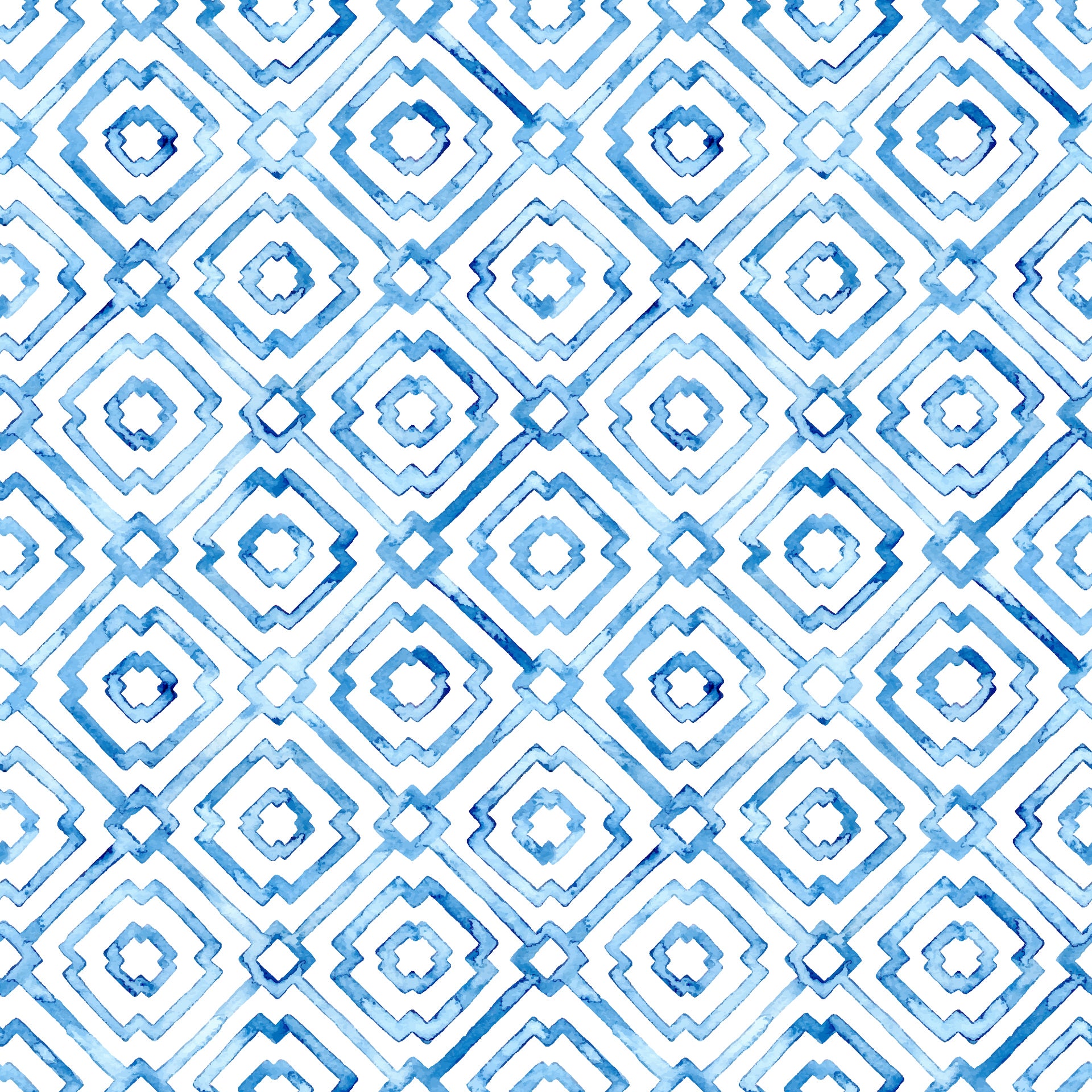 Blue porcelain style watercolor diamond wallpaper with hand painted geometric shapes forming a repeating lattice pattern on a white background.
