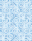 Blue porcelain style watercolor diamond wallpaper with hand painted geometric shapes forming a repeating lattice pattern on a white background.