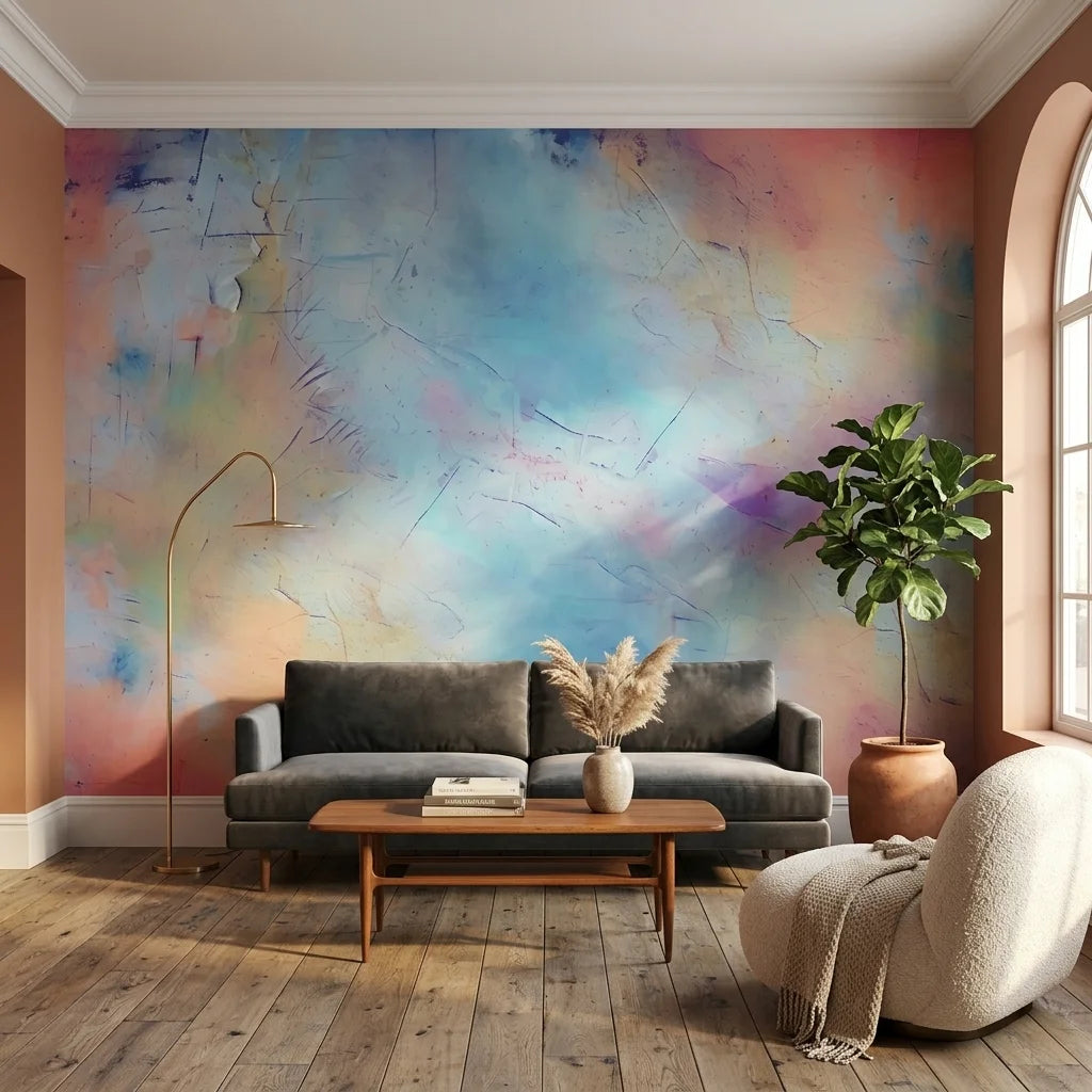 Textured dreamy blue and coral pink abstract painted peel and stick wallpaper - Porcelain Sky