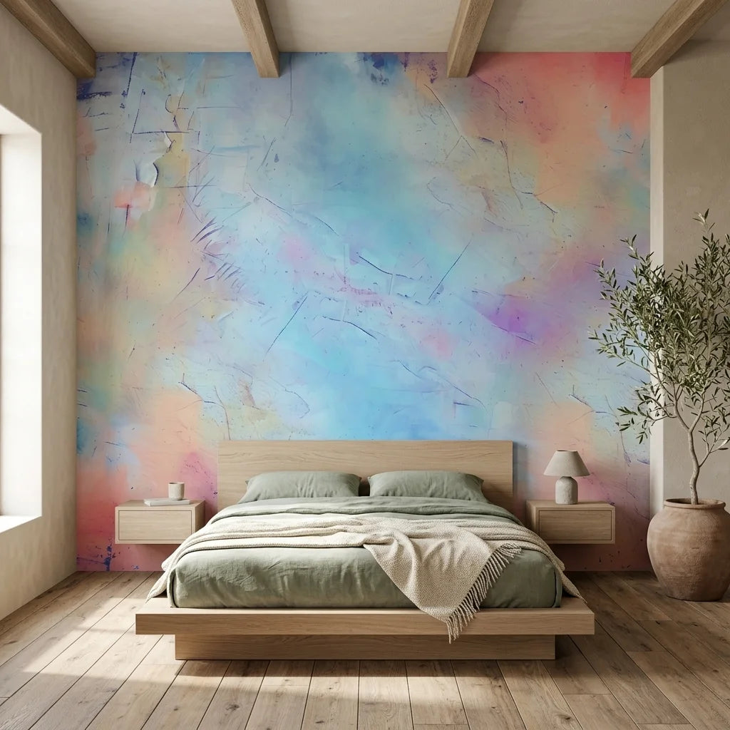 Porcelain Sky dreamy blue and pink abstract wallpaper in a warm and inviting living room