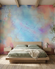 Porcelain Sky dreamy blue and pink abstract wallpaper in a warm and inviting living room