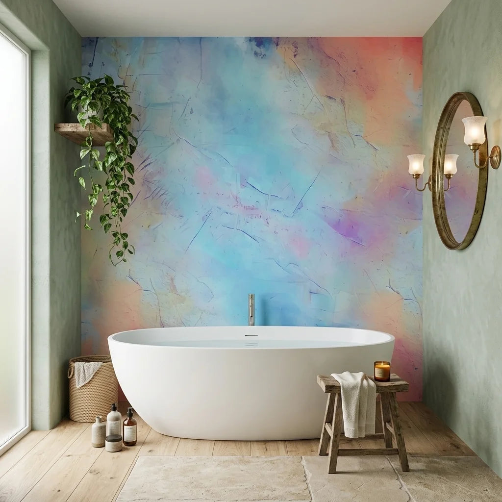 Porcelain Sky dreamy blue and pink abstract wallpaper as a feature wall in a bright home office