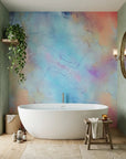 Porcelain Sky dreamy blue and pink abstract wallpaper as a feature wall in a bright home office