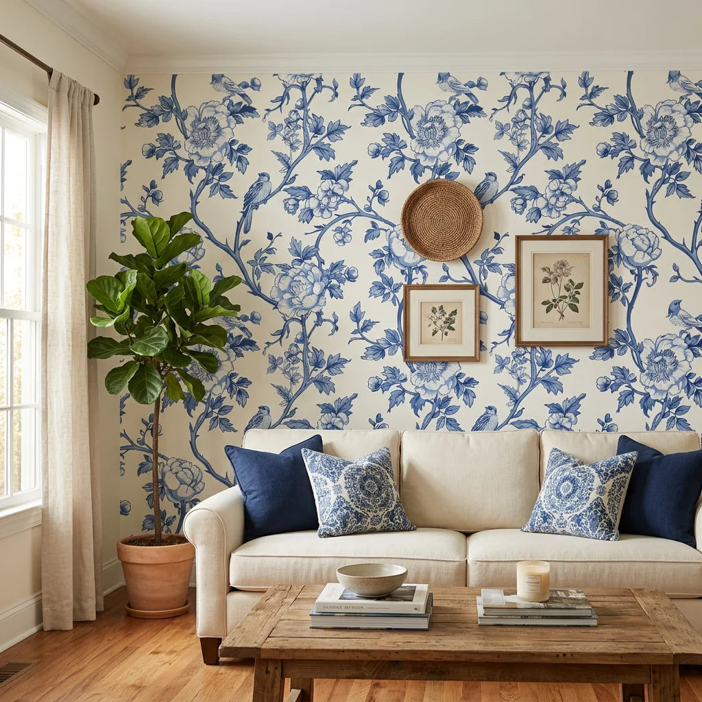 Porcelain Spring blue and white chinoiserie floral wallpaper in a warm and inviting living room