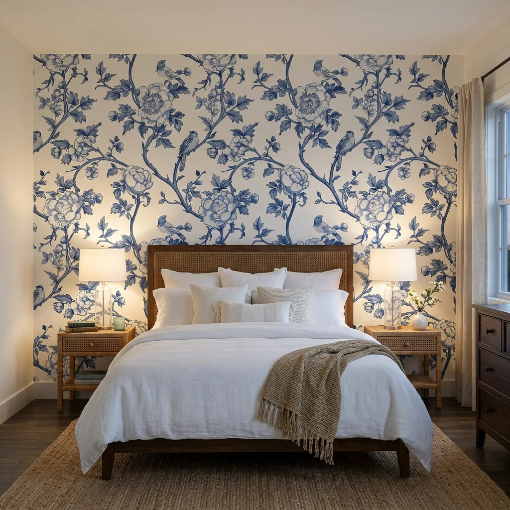 Porcelain Spring blue and white chinoiserie floral wallpaper adding character to a cozy bedroom