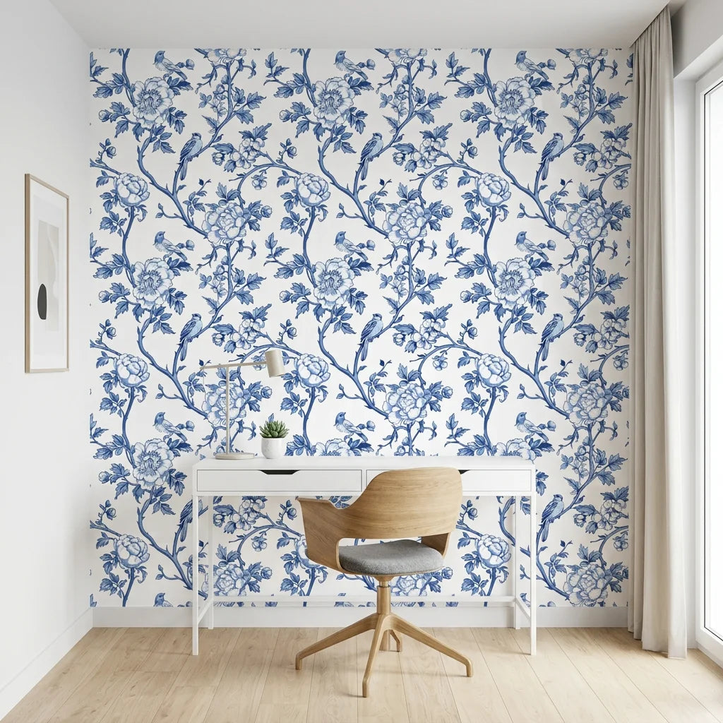 Porcelain Spring blue and white chinoiserie floral wallpaper as a feature wall in a bright home office