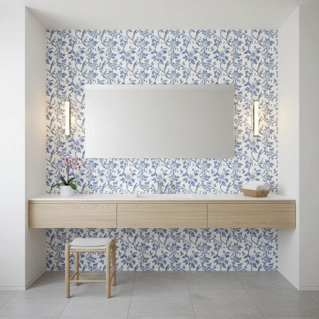 Porcelain Spring blue and white chinoiserie floral wallpaper creating ambiance in a serene bathroom