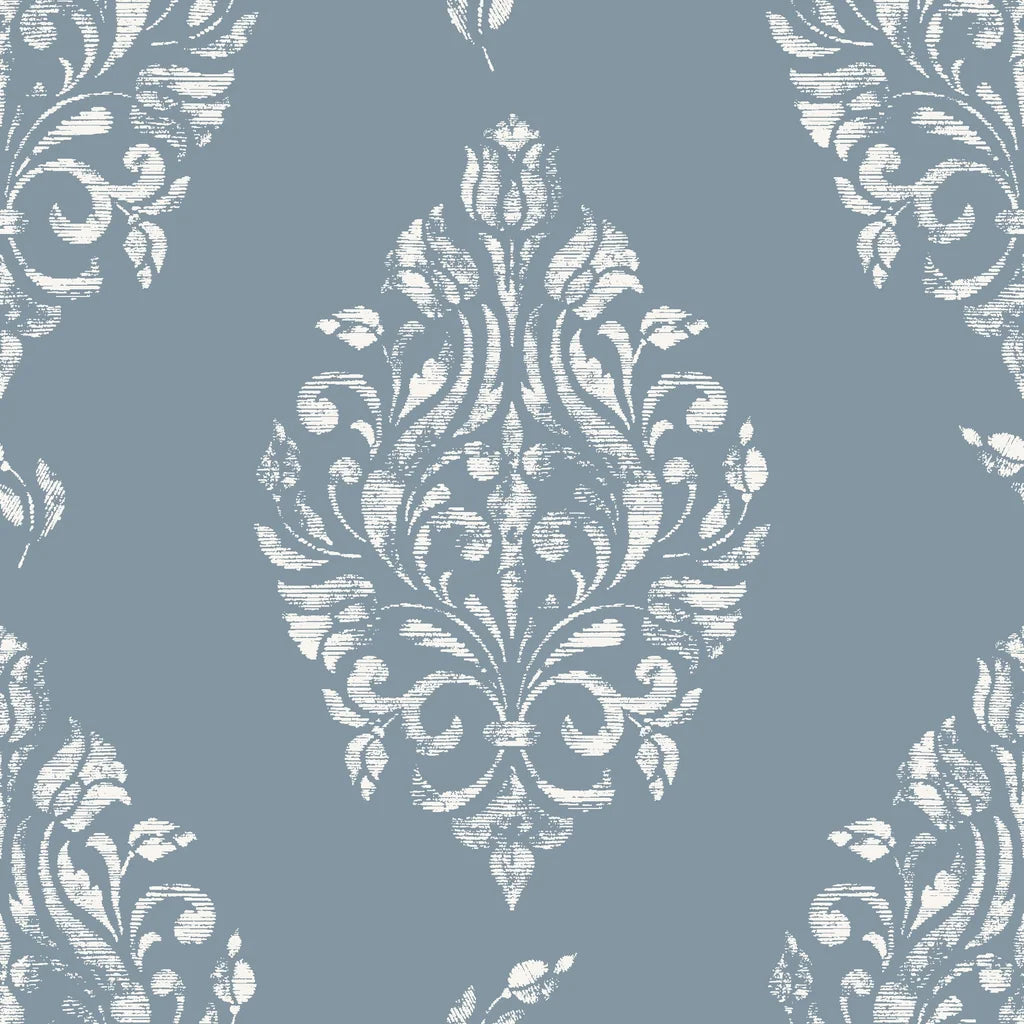 Elegant Porcelain Bouquet damask wallpaper with white floral scrollwork on dusty blue background