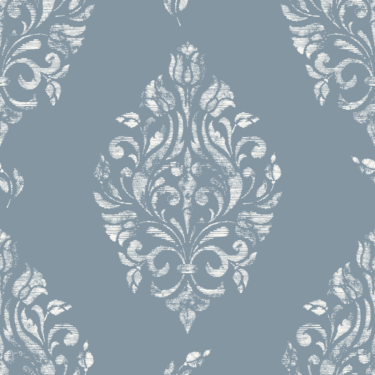 Elegant Porcelain Bouquet damask wallpaper with white floral scrollwork on dusty blue background