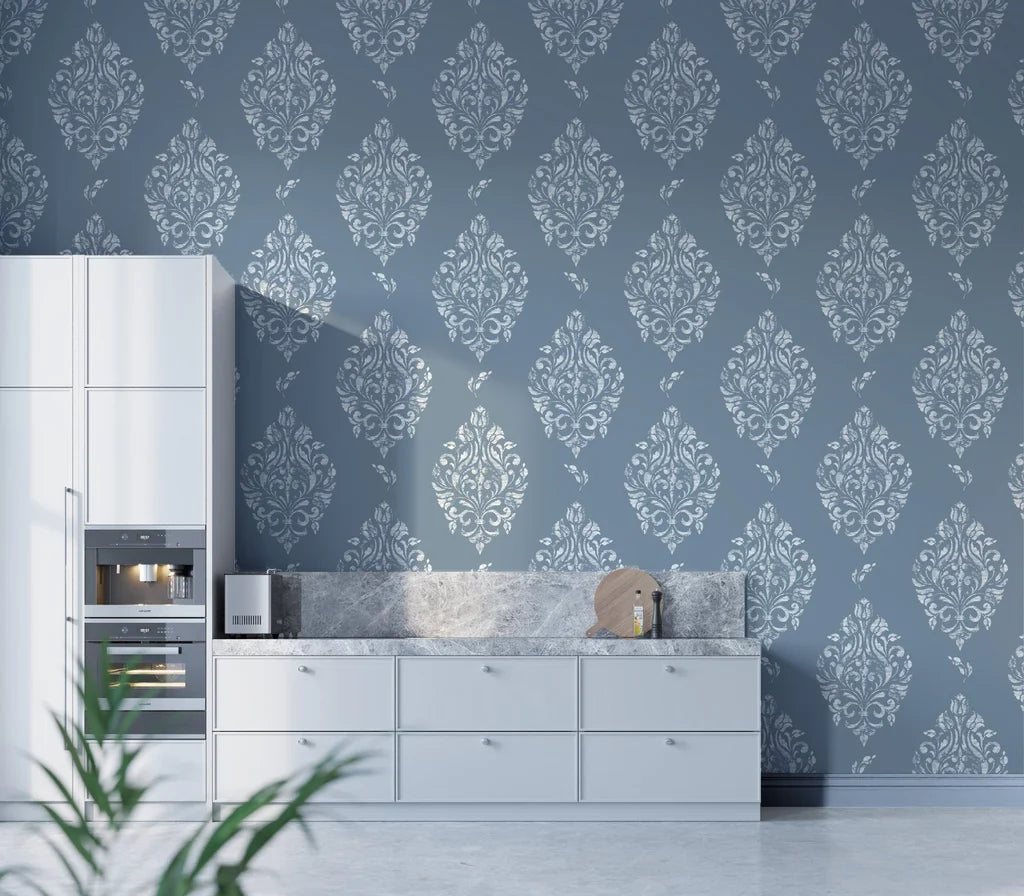 Slate blue and silver Porcelain Bouquet damask wallpaper in modern white kitchen with marble countertops