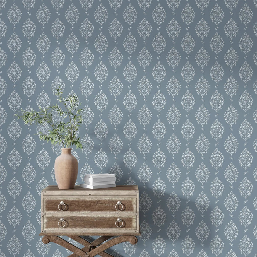 Blue and silver Porcelain Bouquet damask wallpaper with vintage dresser and vase styling