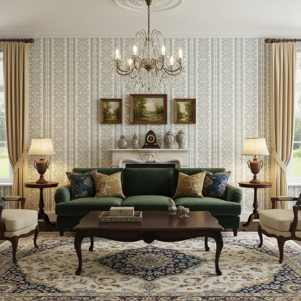 Porcelain Filigree elegant blue damask wallpaper in a warm and inviting living room