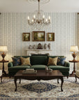 Porcelain Filigree elegant blue damask wallpaper in a warm and inviting living room