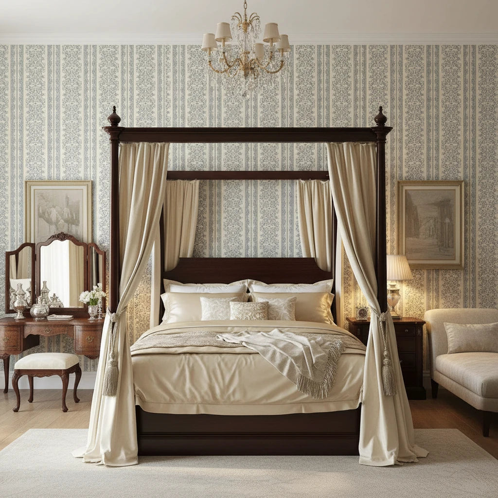 Porcelain Filigree elegant blue damask wallpaper adding character to a cozy bedroom
