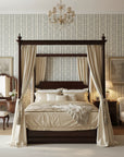 Porcelain Filigree elegant blue damask wallpaper adding character to a cozy bedroom