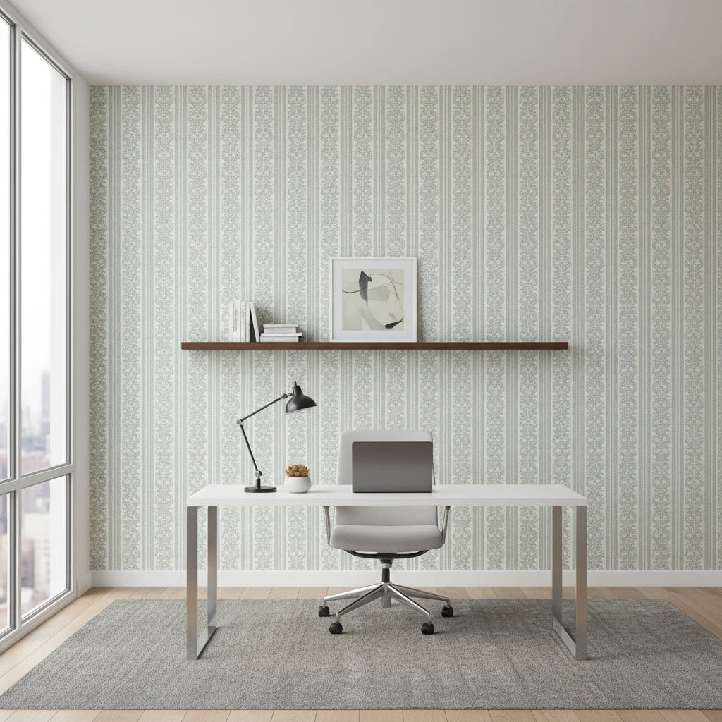 Porcelain Filigree elegant blue damask wallpaper as a feature wall in a bright home office