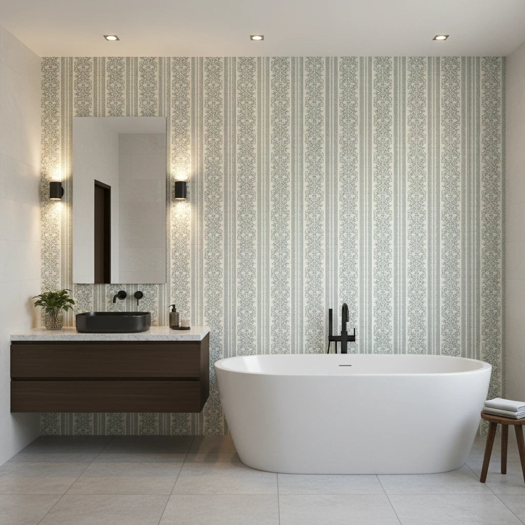 Porcelain Filigree elegant blue damask wallpaper creating ambiance in a serene bathroom