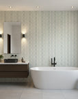 Porcelain Filigree elegant blue damask wallpaper creating ambiance in a serene bathroom