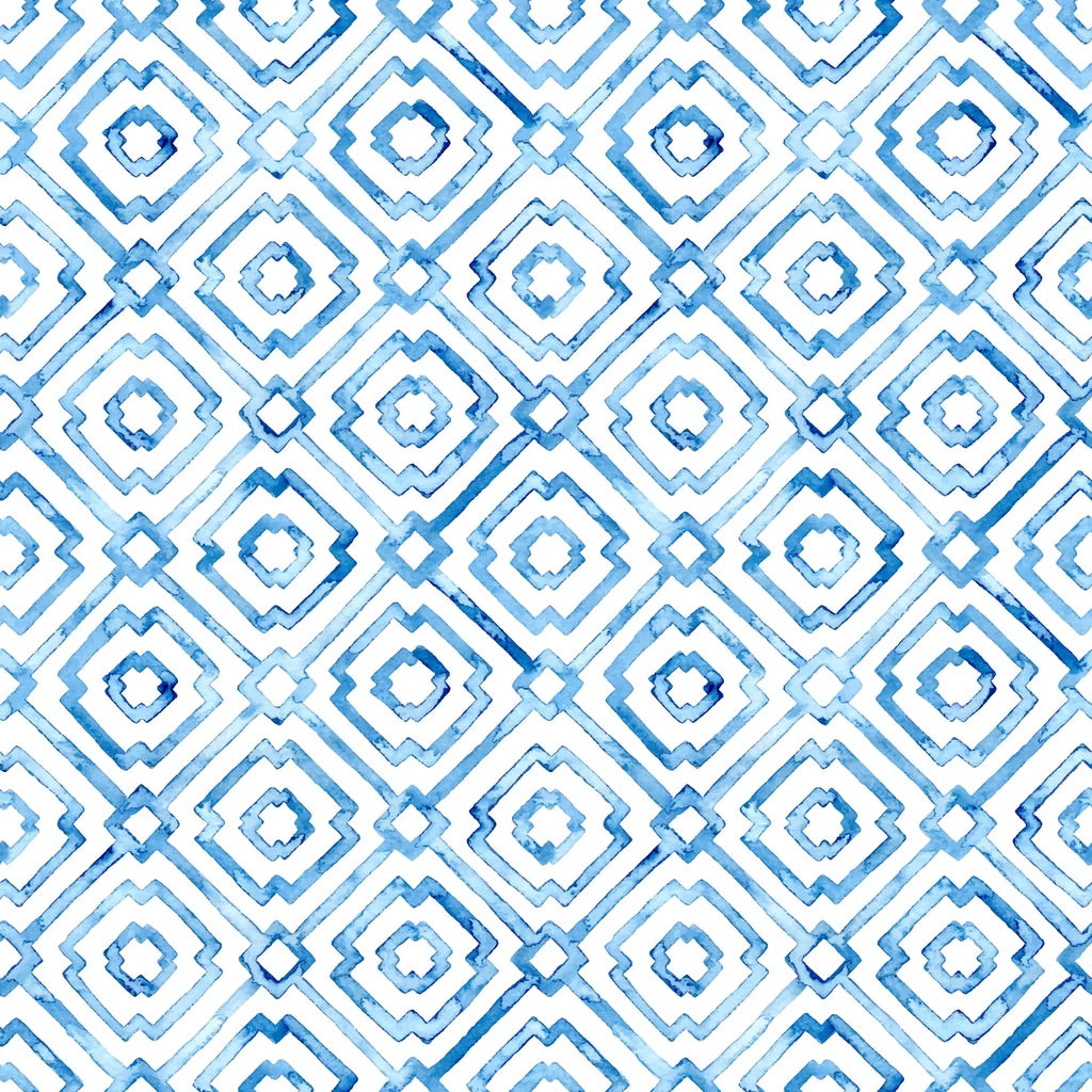 A hand-painted, watercolor wallpaper featuring blue, porcelain-inspired geometric shapes that create a continuous diamond lattice on a white ground
