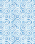 A hand-painted, watercolor wallpaper featuring blue, porcelain-inspired geometric shapes that create a continuous diamond lattice on a white ground
