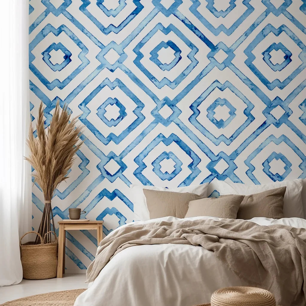White background with a geometric diamond lattice pattern in blue, applied using a watercolor technique reminiscent of antique porcelain.