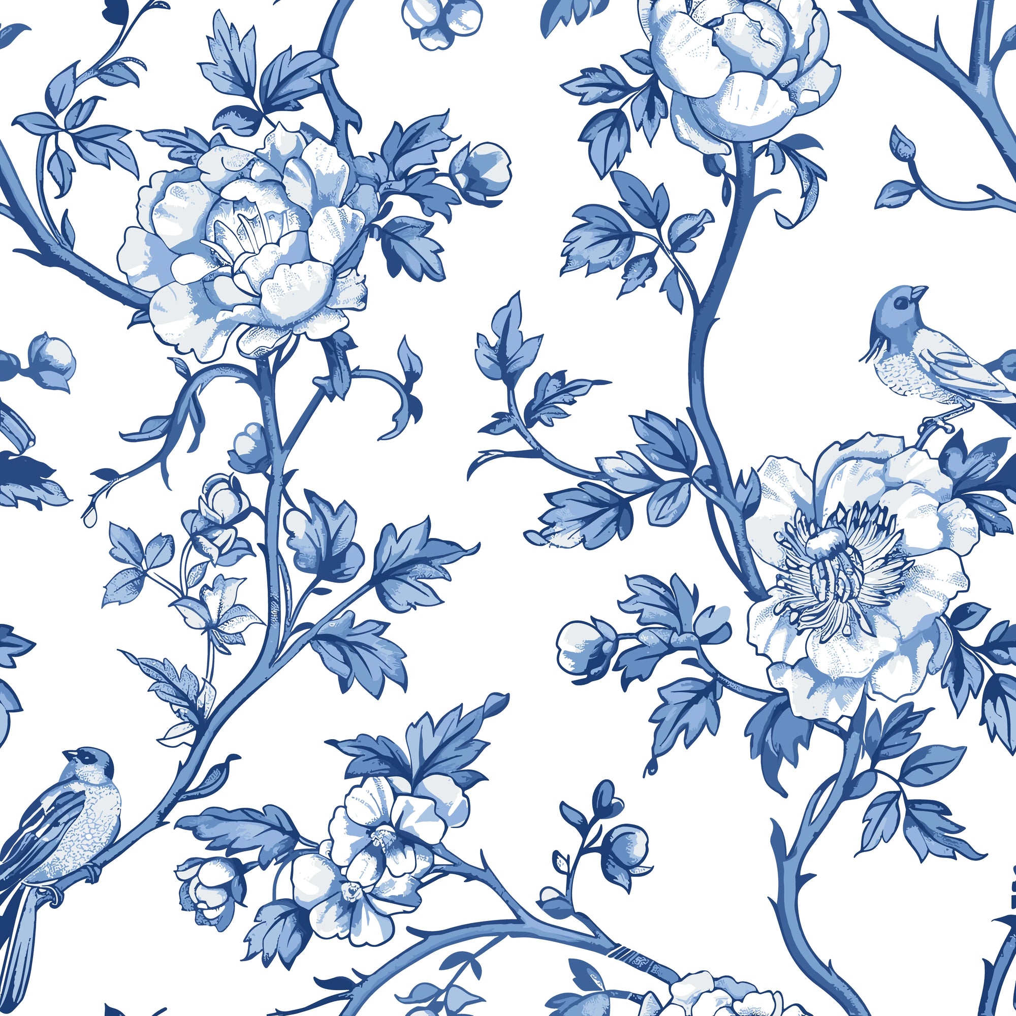 Smooth blue chinoiserie floral bird peel and stick wallpaper - Porcelain Spring