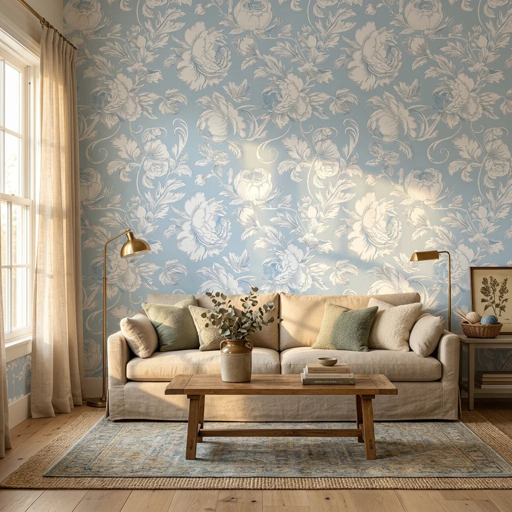 Powder Blue Peony in a warm and inviting living room
