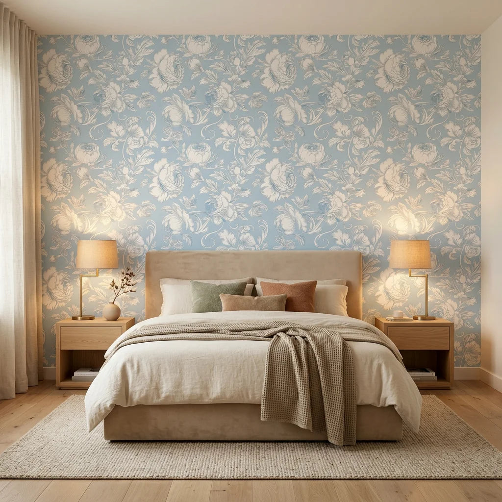 Powder Blue Peony adding character to a cozy bedroom
