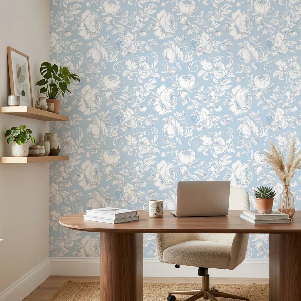 Powder Blue Peony as a feature wall in a bright home office
