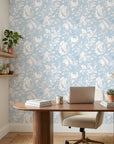 Powder Blue Peony as a feature wall in a bright home office