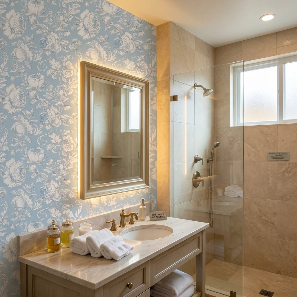 Powder Blue Peony creating ambiance in a serene bathroom
