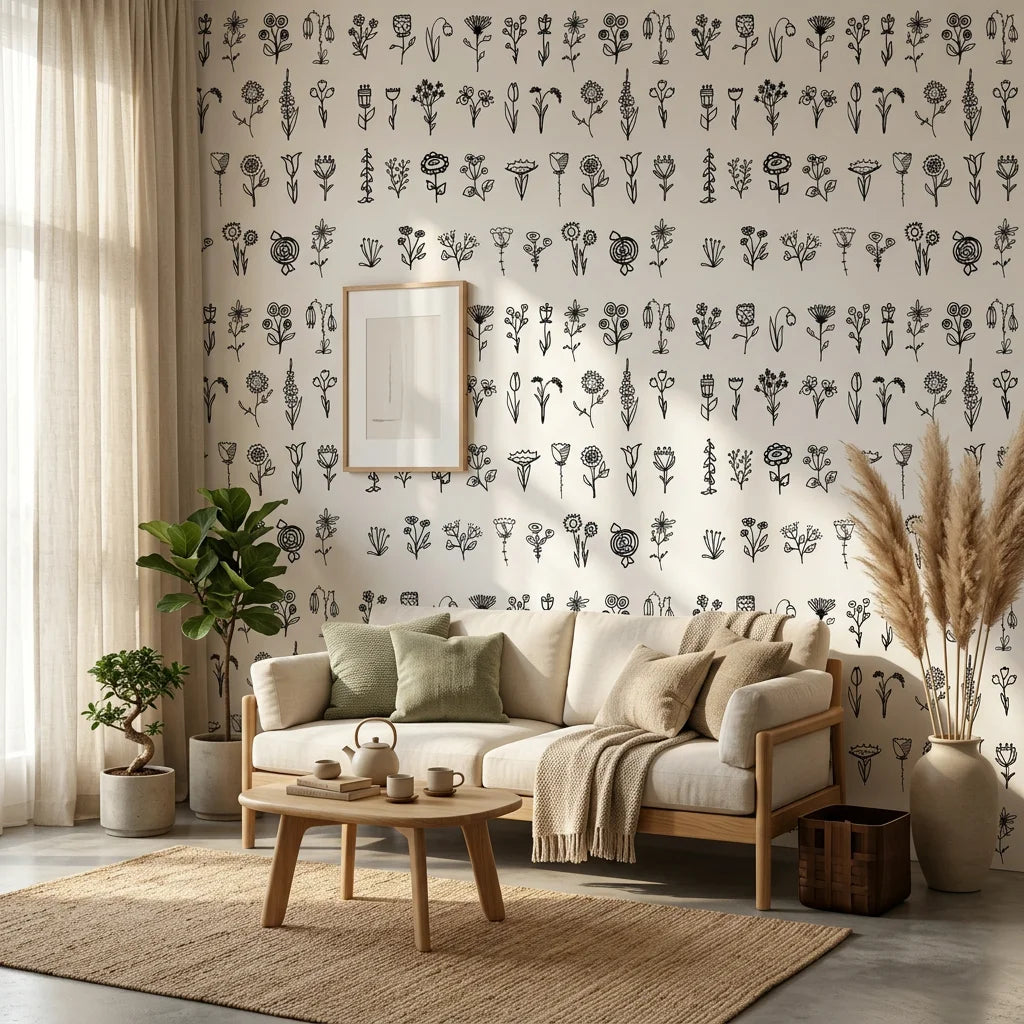 Pressed Botanicals black and white wildflower wallpaper in a warm and inviting living room