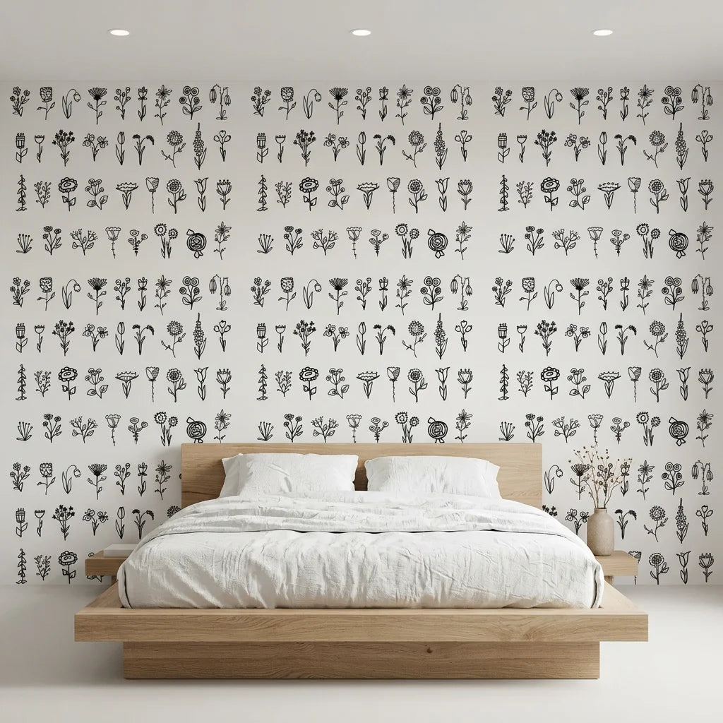 Pressed Botanicals black and white wildflower wallpaper adding character to a cozy bedroom