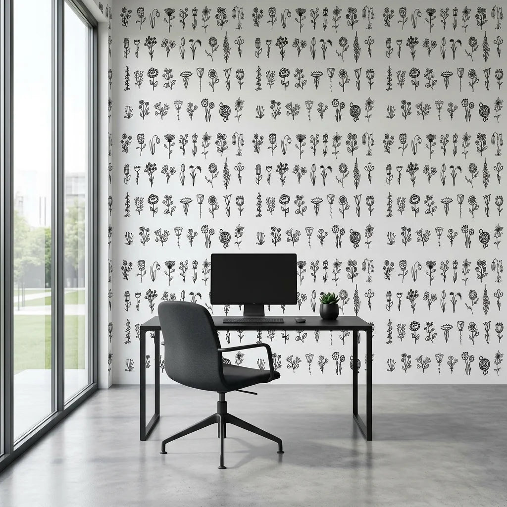 Pressed Botanicals black and white wildflower wallpaper as a feature wall in a bright home office