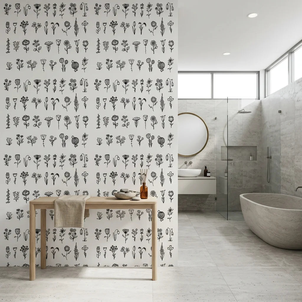 Pressed Botanicals black and white wildflower wallpaper creating ambiance in a serene bathroom