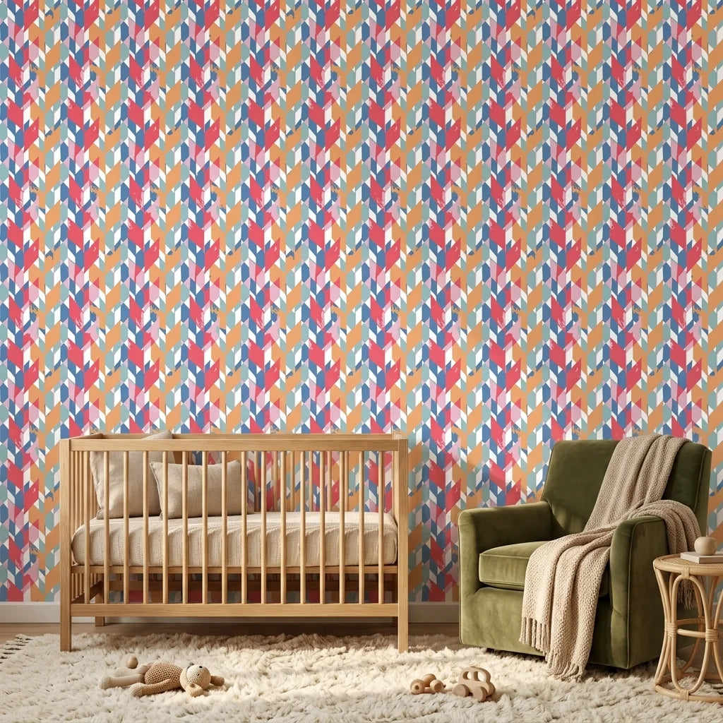 Prism Weave colorful geometric peel and stick wallpaper bringing warmth to a peaceful nursery
