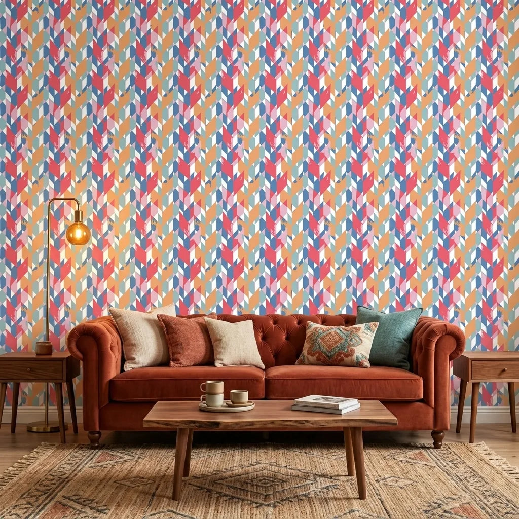 Prism Weave colorful geometric peel and stick wallpaper in a warm and inviting living room