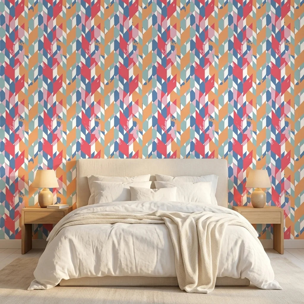 Prism Weave colorful geometric peel and stick wallpaper adding character to a cozy bedroom