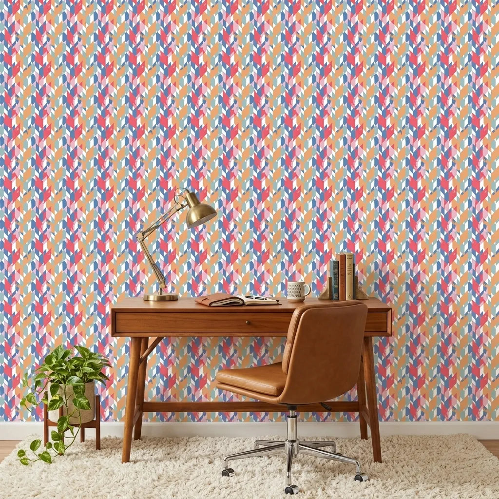 Prism Weave colorful geometric peel and stick wallpaper as a feature wall in a bright home office