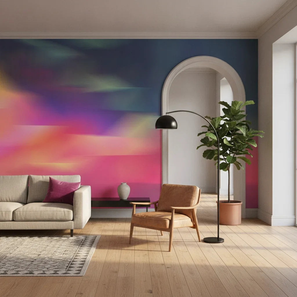 Prism Drift vibrant pink and blue abstract in a warm and inviting living room