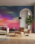 Prism Drift vibrant pink and blue abstract in a warm and inviting living room