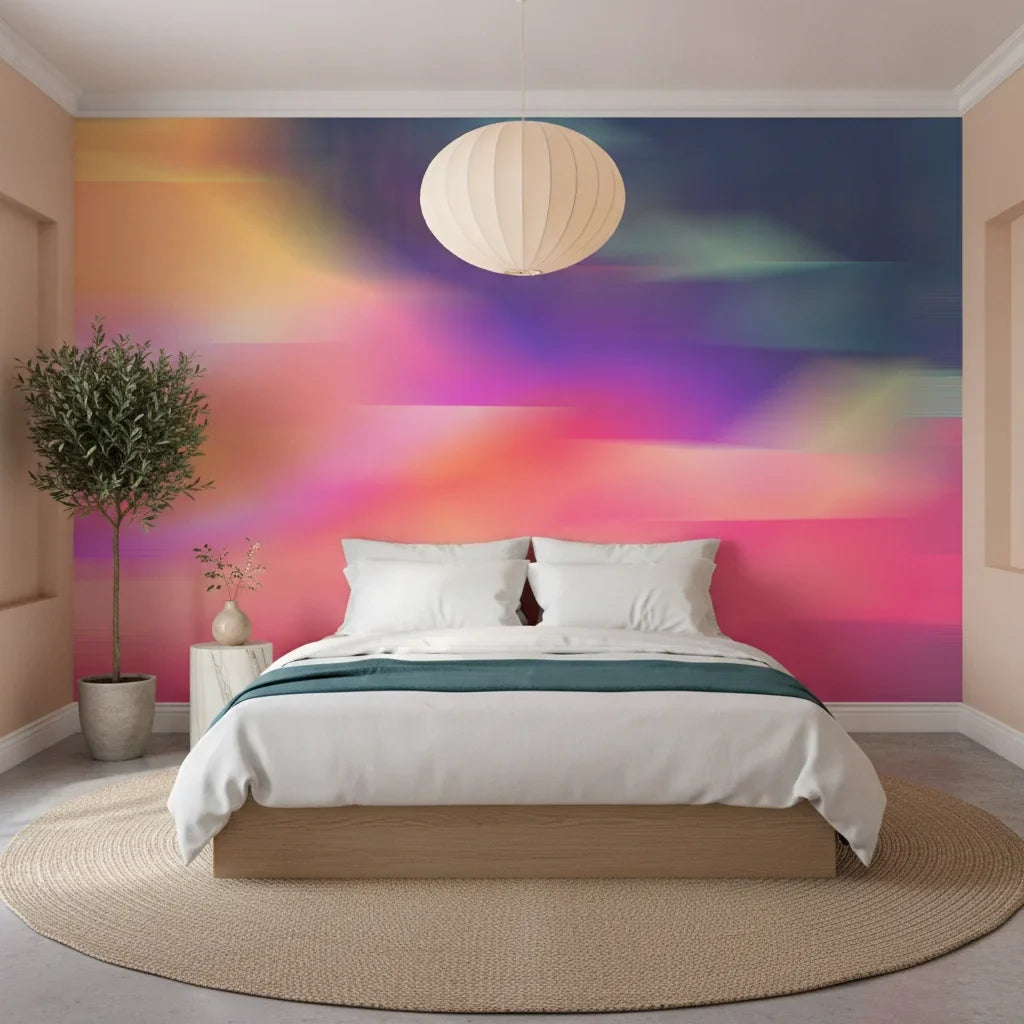 Prism Drift vibrant pink and blue abstract adding character to a cozy bedroom