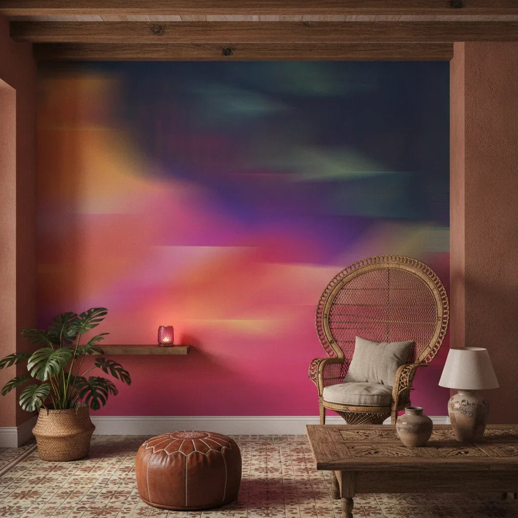 Prism Drift vibrant pink and blue abstract as a feature wall in a bright home office