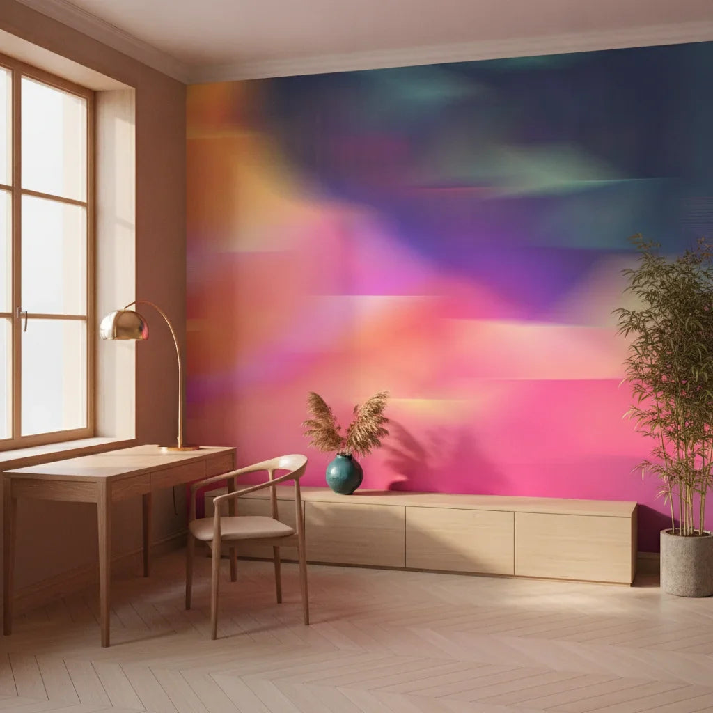 Prism Drift vibrant pink and blue abstract creating ambiance in a serene bathroom