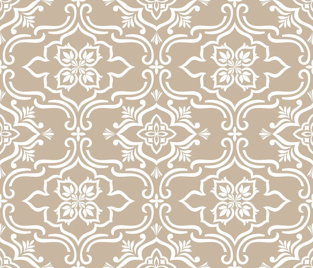 Traditional Pure Fern Fantasy wallpaper with white ornate scrollwork on warm beige background