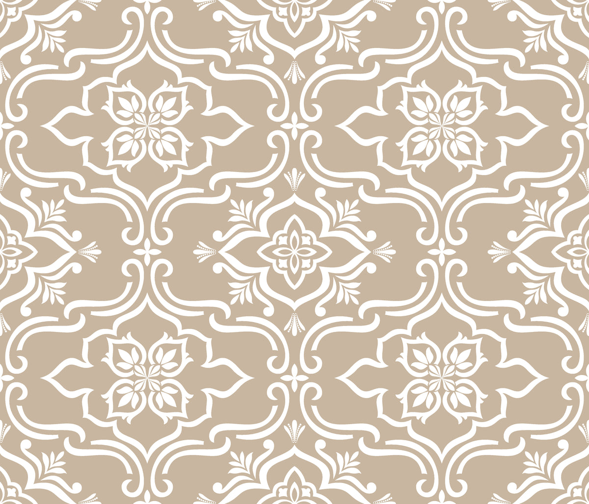 Traditional Pure Fern Fantasy wallpaper with white ornate scrollwork on warm beige background