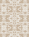 Traditional Pure Fern Fantasy wallpaper with white ornate scrollwork on warm beige background