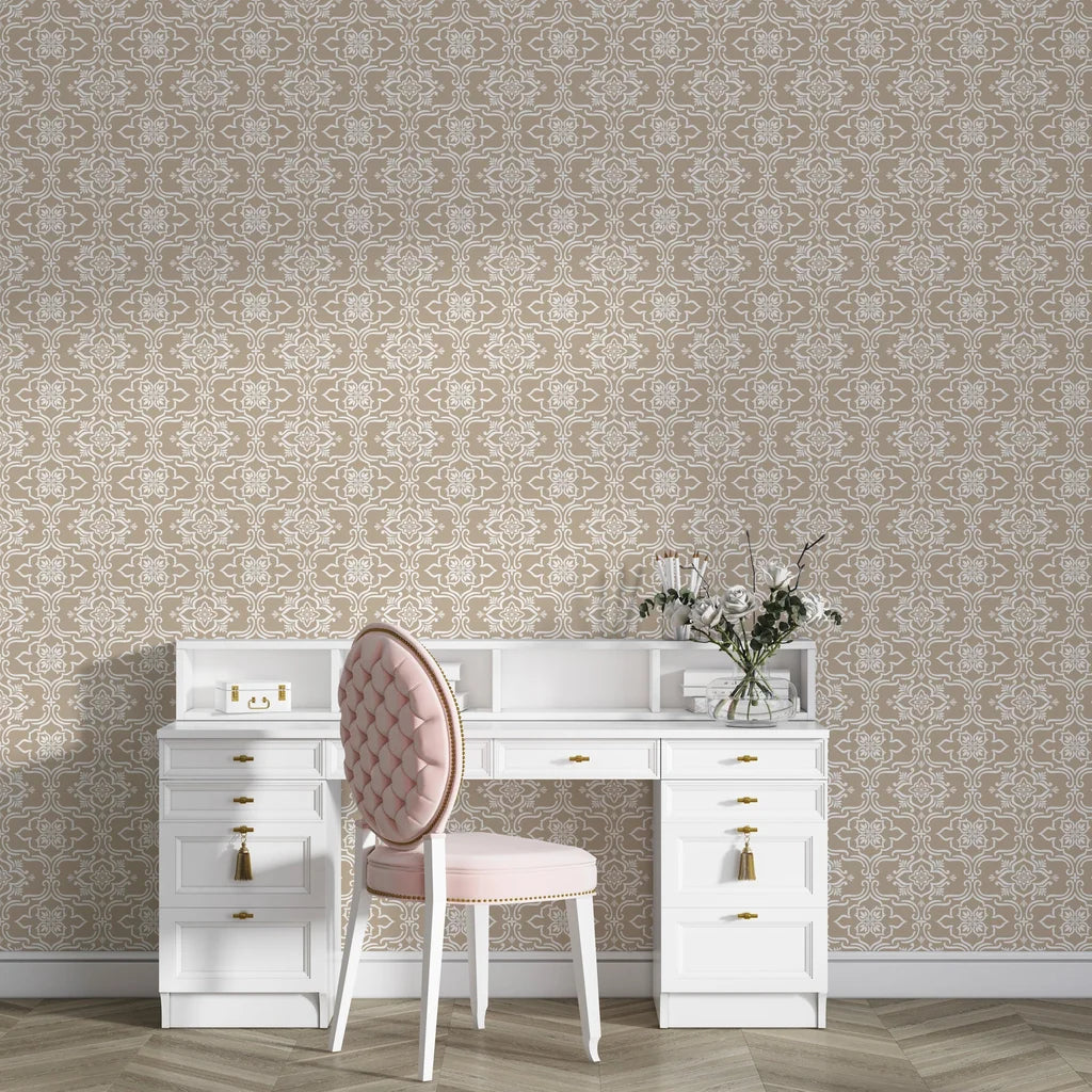 Taupe and ivory Pure Fern Fantasy geometric wallpaper in elegant home office with white vanity desk